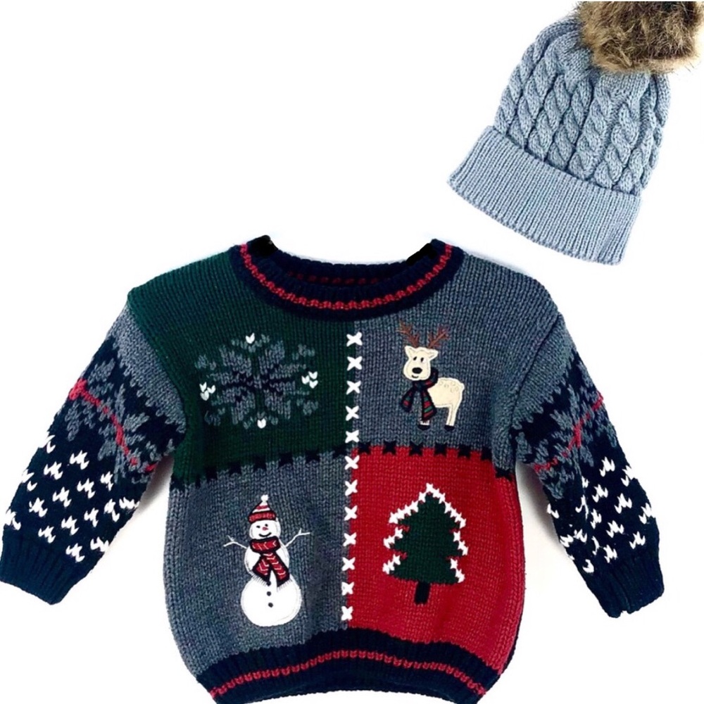 Infant Holiday Cotton Crew Neck Sweater & Cap Sz 3-6 Mo
